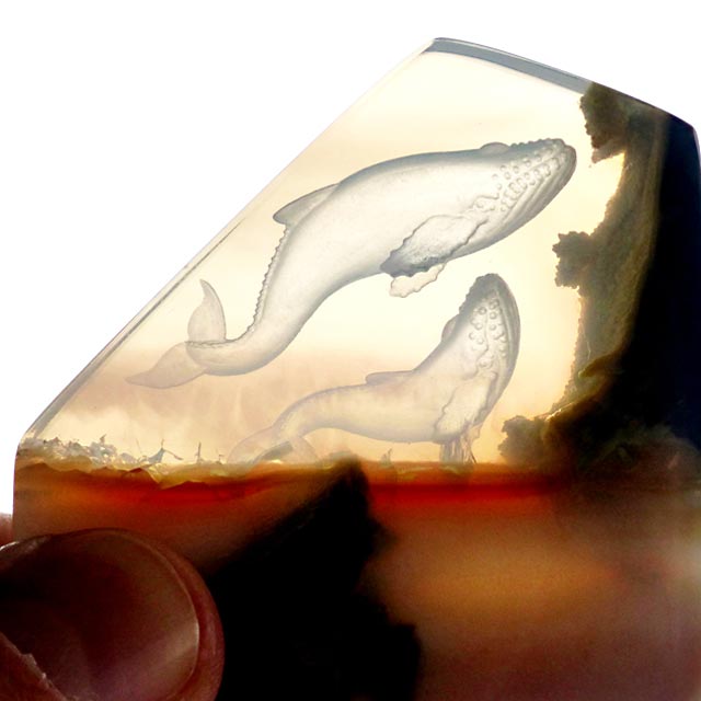 carved Butte, Idaho opal slice with humpback whales