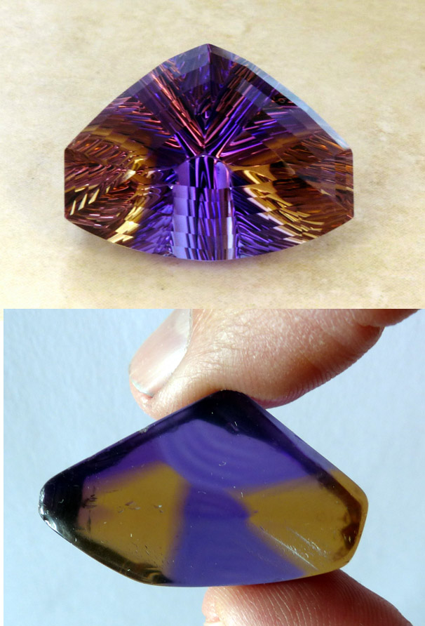 concave faceted ametrine along with the original rough