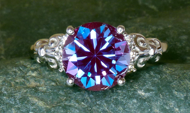 synthetic alexandrite set in platinum ring with diamonds
