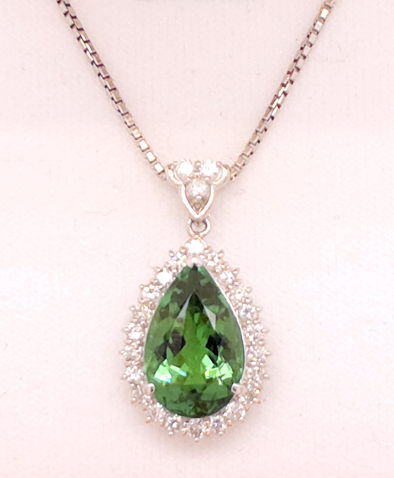 green tourmaline/diamond Platinum pendant and chain
